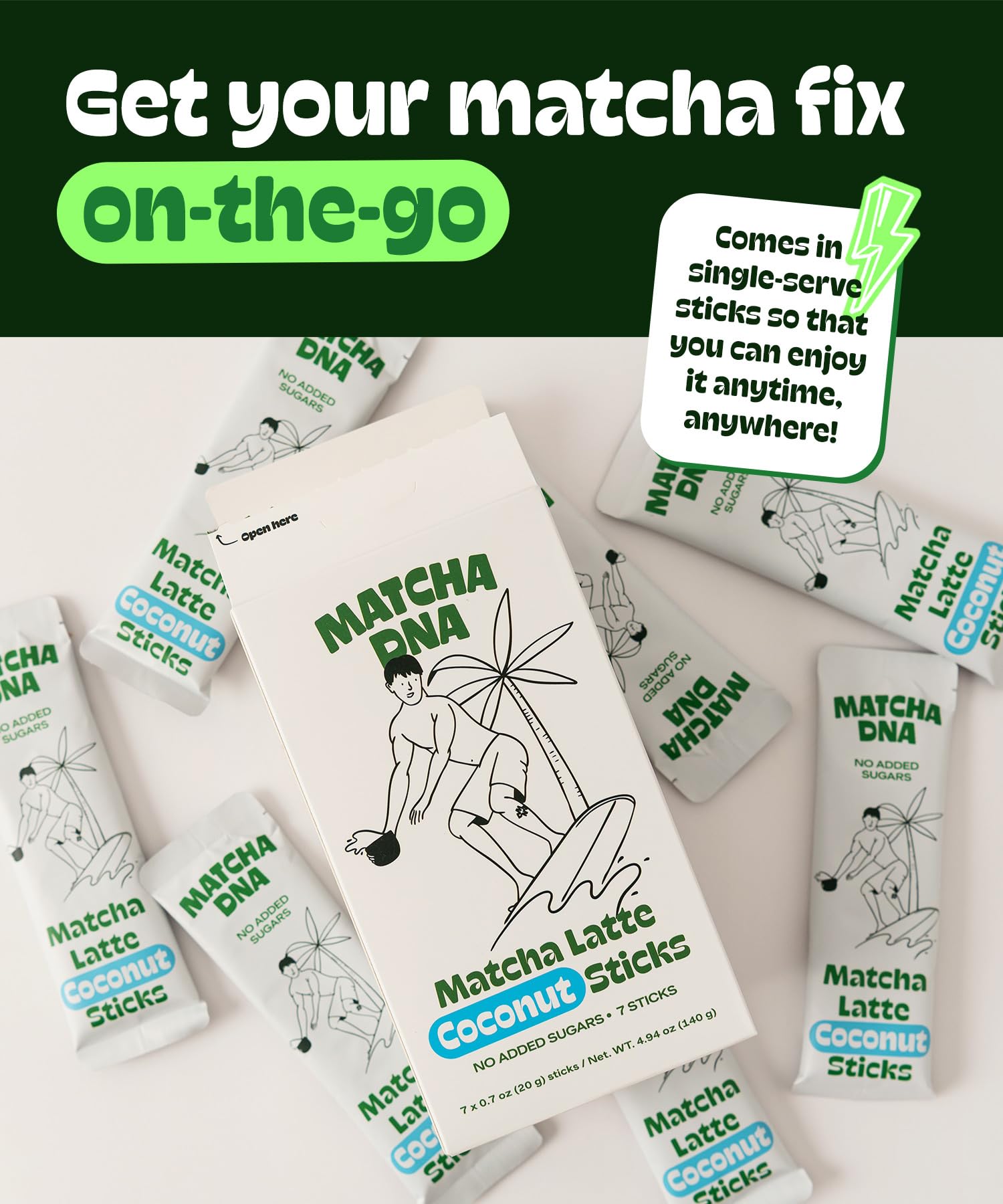 MatchaDNA Coconut Matcha Latte Powder Sticks 7 Pack 20g Each Sweetened with Milk No Sugar Added Instant Matcha — view 3