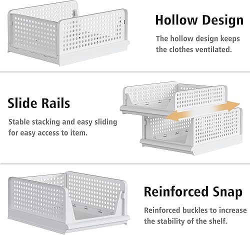 Miniatura 6 de Proarea Paquete de 4 cestas apilables de plástico para almacenamiento, organizador de armario, organizador de ropa, cajón de almacenamiento,