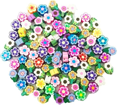 100 cuentas de arcilla polimérica hechas a mano con flores, cuentas espaciadoras de arcilla polimérica de 0.394 pulgadas para mujeres y niñas,