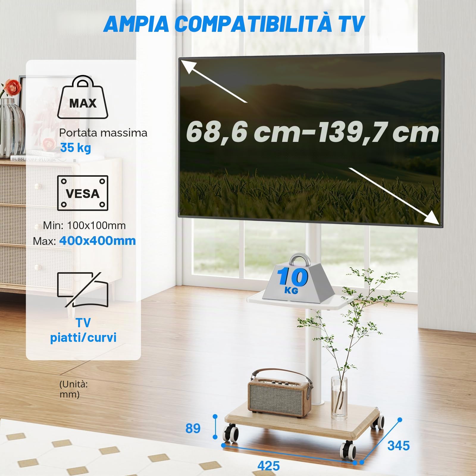 5Rcom TV Portatile con Piedistallo con Ruote per 27-55 Pollici, Supporto TV da Pavimento con Legno Base, TVs con le Ruote con Ripiano Max VESA 400x400mm 30kg (Bianca)