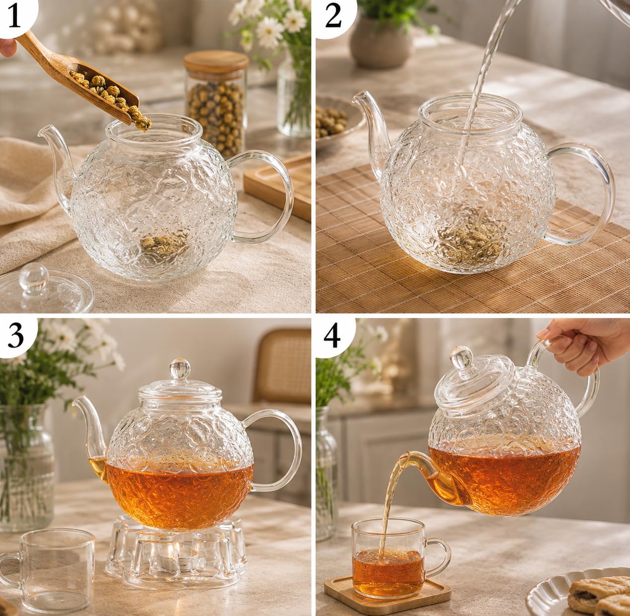 1500ml Teekanne mit Siebeinsatz, Borosilikatglas Teekanne Glas mit Tropffreier Ausguss, Hitzebeständig Teapot für Grüntee schwarzen Tee duftenden Früchtetee