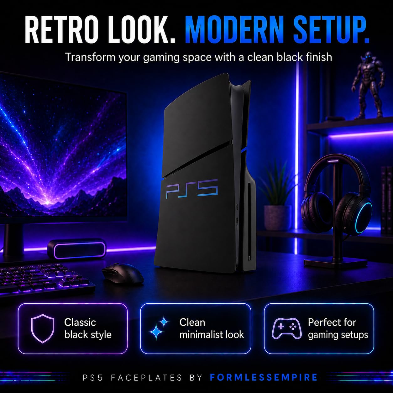 Piastra frontale per PS5 Slim Side Shell Plate PlayStation 5 Disc Edition, custodia di ricambio accessorio di ricambio, piastra nera, antigraffio, protezione antipolvere (Retro Slim Disc Edition)