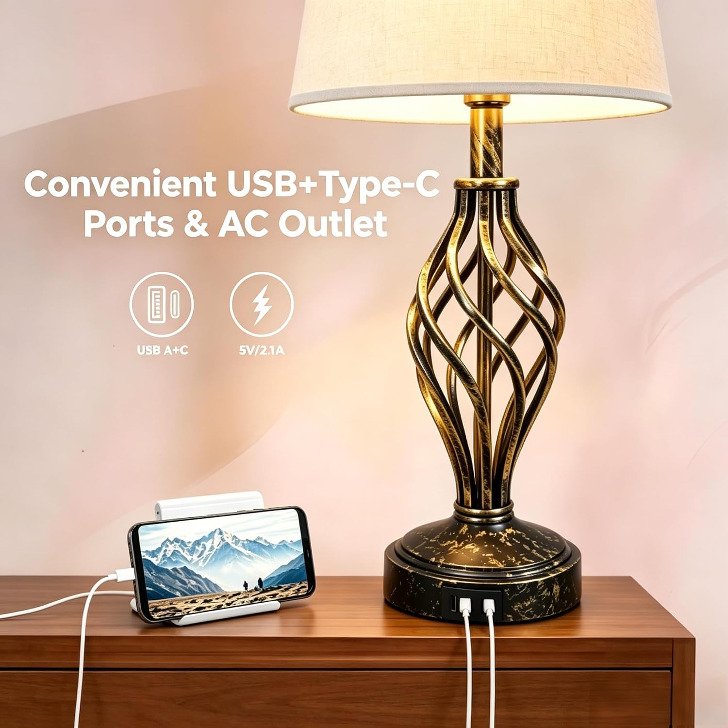 Ruiever Touch Table Lamps Set of 2, nightstand lamp with USB Ports Bedside 3 Way Touch dimmer Desk lamp for Living Room Bedroom,Gold and Black Brushed Spiral Cage Warm White Dimmer LED Bulb Included. image 3