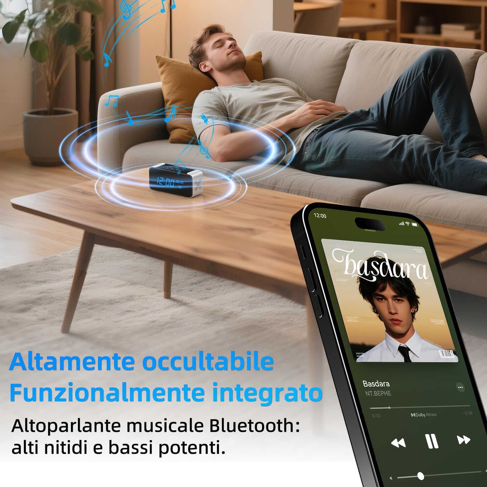 Telecamera Spia Nascosta,Telecamera di Sicurezza Domestica 4K WiFi, Microcamera Spia 3-in-1 con Altoparlante Bluetooth, Visione Notturna e Funzione Sveglia