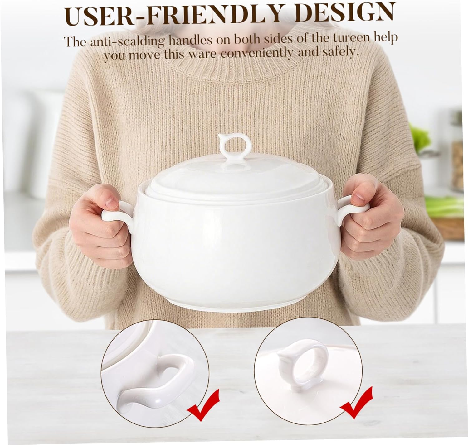Soup Tureen 3000ml Round Ceramic Serving Bowls with Lids Heat-Resistant Soup Bowls with Handles Microwave Safe for Restaurant Home Kitchen Tureen, Ceramic Bowl with Lid, with Handl