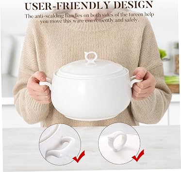 Soup Tureen 3000ml Round Ceramic Serving Bowls with Lids Heat-Resistant Soup Bowls with Handles Microwave Safe for Restaurant Home Kitchen