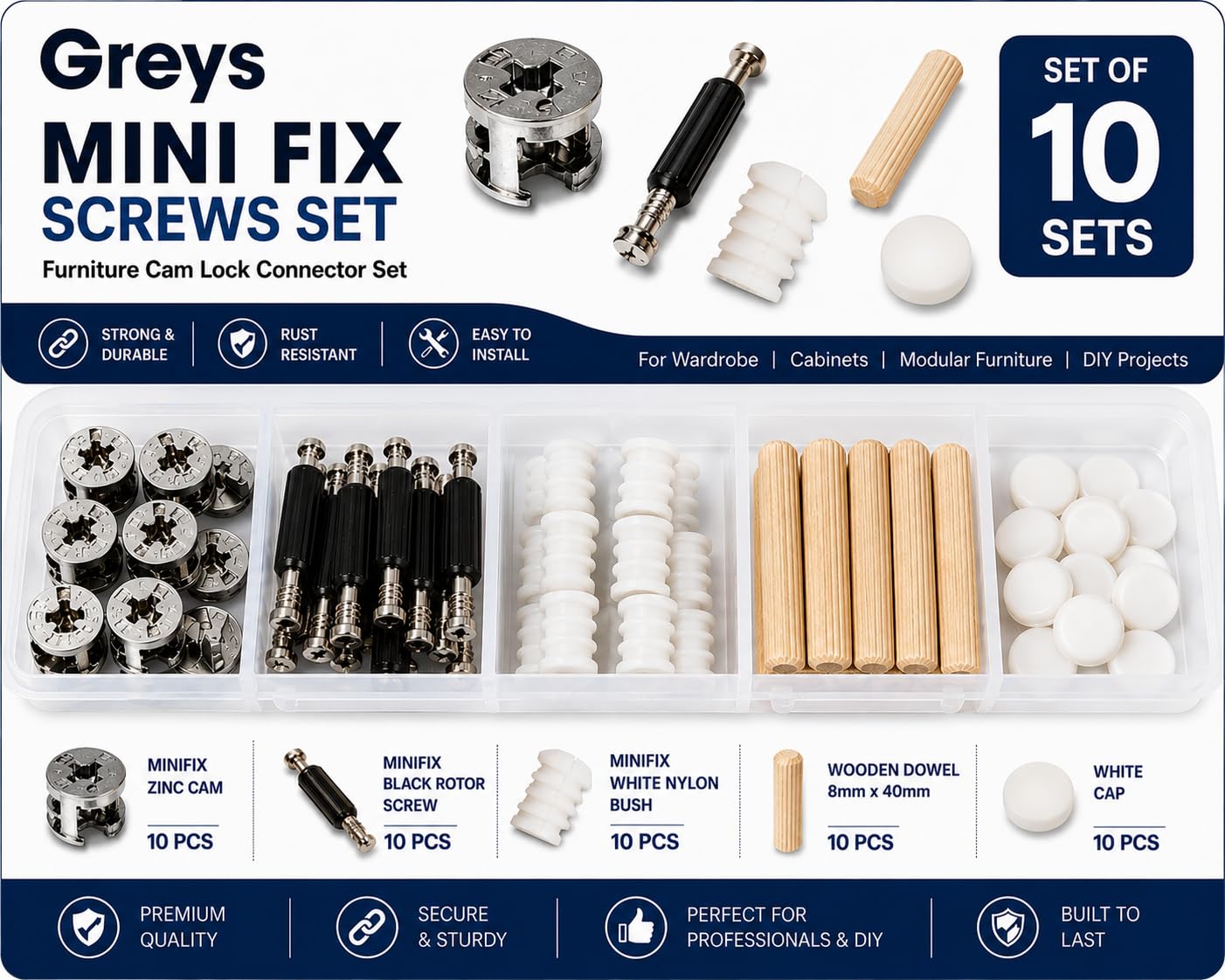 Greys Minifix Cam Lock, Bush, Rotor Screw, Wooden Dowel and White Cover Cap Connector Set (10 Sets) | Furniture Connector Fitting | Zinc Alloy Connector for Wardrobe, Cabinet, Modular Furniture