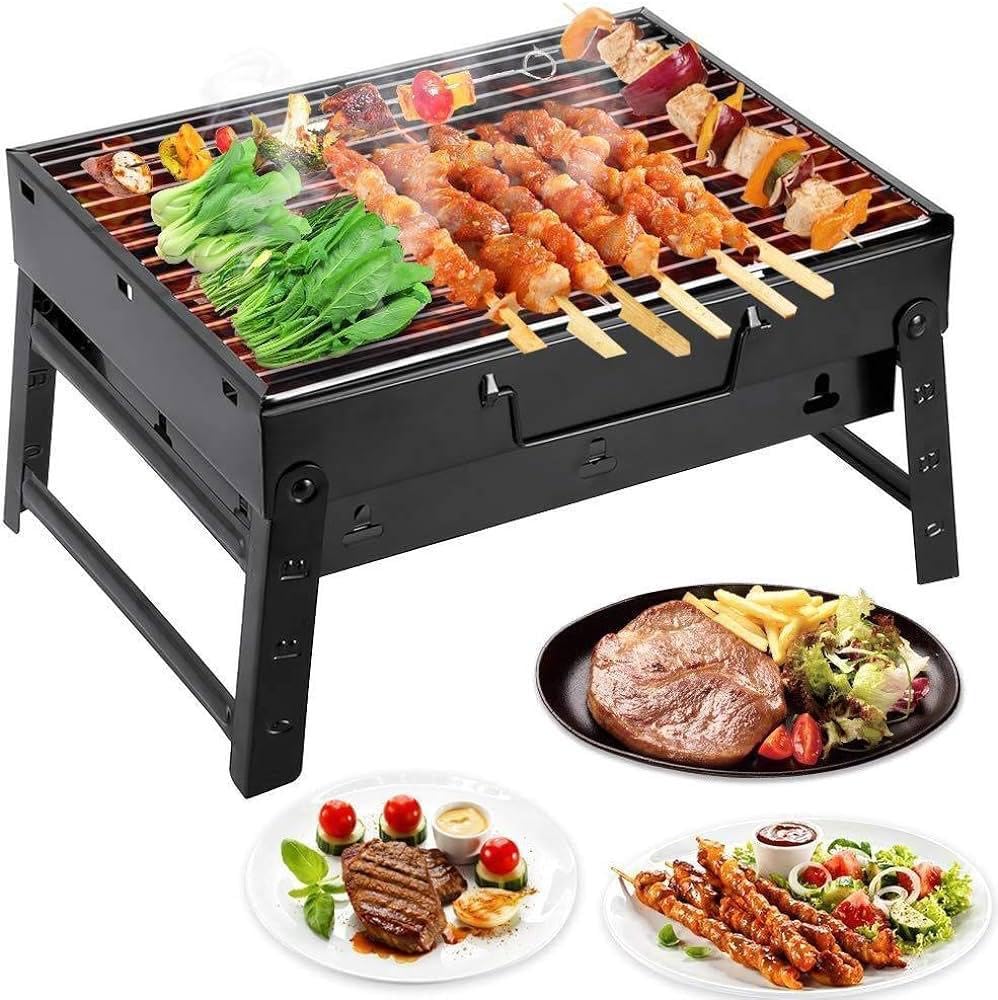 Barbeque Stand with Grill Durable Iron Construction, RF10358 - Foldable Barbecue Charcoal Grill, BBQ Charcoal Grills Folding Tabletop Kabab Smoker Grill for Outdoor Camping