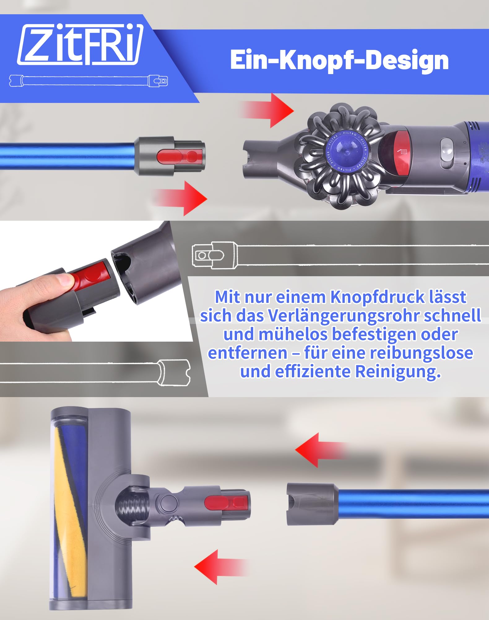 Verlängerungsrohr für Dyson V11 V15 V10 V8 V7 Rohr Kompaibel mit 967477-01 bis 09 Saugrohr Geeignet für Dyson Ersatzteile Saugrohr, 72CM - Blau