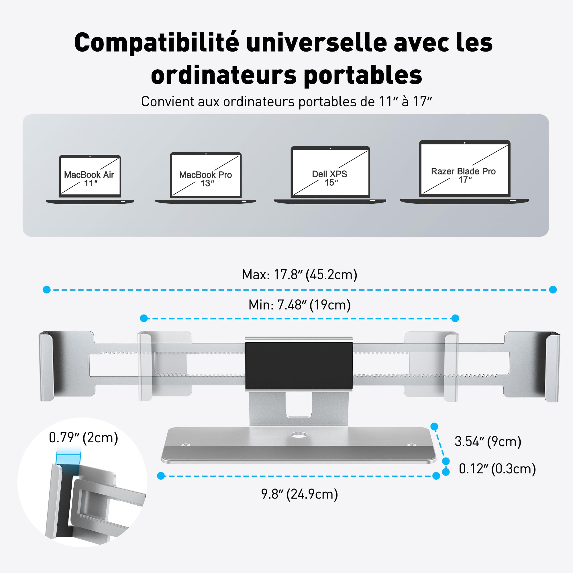 AboveTEK Station de Verrouillage pour Ordinateur Portable, Verrou Sécurité Aluminium MacBook, Anti-Vol pour Ordinateurs sans Fente 11"-17", Base Anti-Dérapante Espaces Publics-Argent
