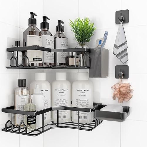 Organizador de ducha adhesivo, paquete de 6 organizadores de baño esquineros, estantes de ducha de acero inoxidable a prueba de óxido con gran