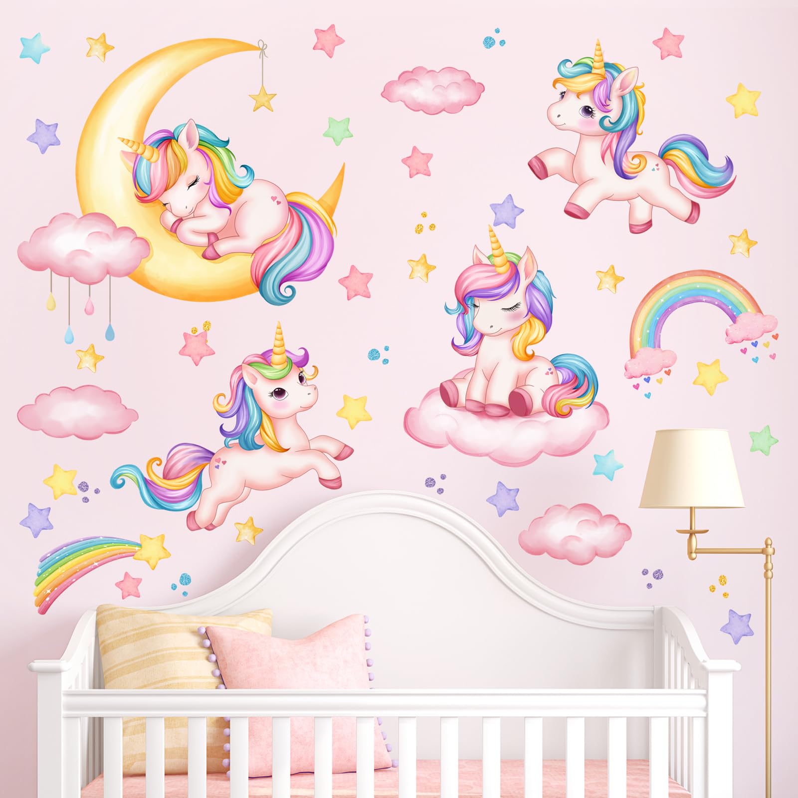 Supzone Pegatinas de Pared Unicornio Arcoíris Grande Vinilos Decorativos | Mural de Acuarela Luna Nubes Estrella Adhesivos Decorativos Pared para Habitación Dormitorio Niña Infantiles Sala de Estar
