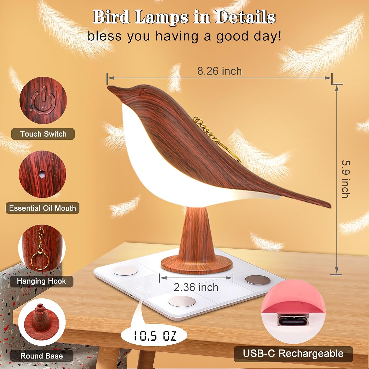 Small Cordless Bird Lamp, Touch Night Light with 3 Color Temperature/Dimmer Brightness/Touch Sensor/Aroma Diffuser, Rechargeable Battery Hummingbird Lamp for Kids, Bedside, Small Place (2Pack)