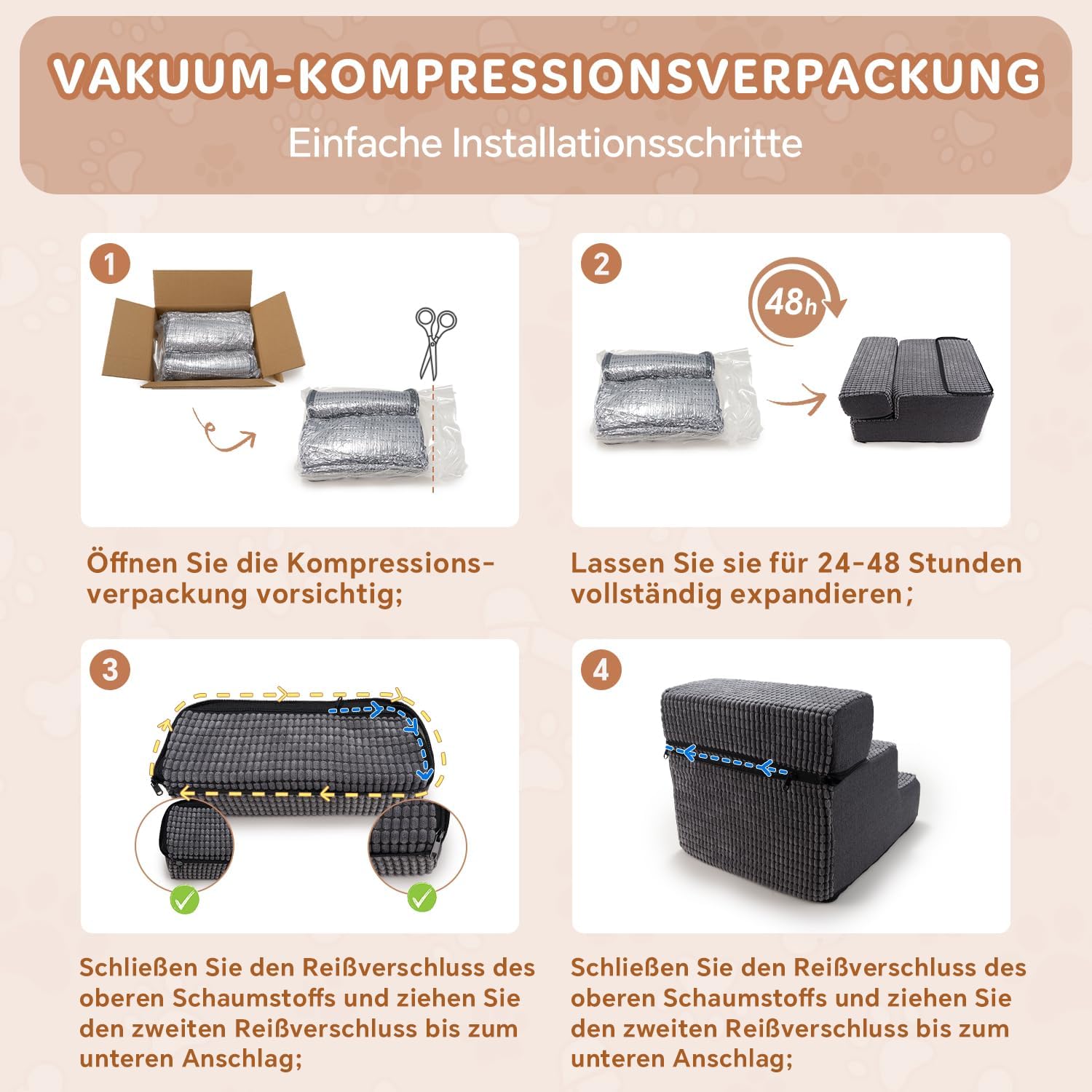 Sytopia Hundetreppe 3 Stufen, 34 cm hoch, Katzentreppe für Bett und Sofa, bis 30 kg, Haustiertreppe für kleine Hunde und Katzen, 30D Schaumstoff, rutschfest, waschbarer Cordbezug, Grau