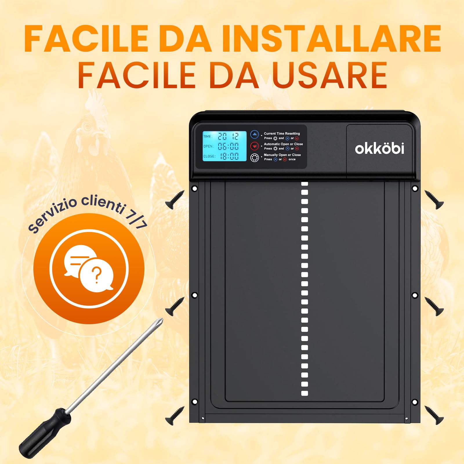 Chicken Coop Door Lite Porta Automatica per Pollaio, Schermo LCD | Batterie 3x Aa Incluse, Modalità Timer e Manuale, Sistema Anti-schicciamento, Apertura 28 X 24 CM, Due di Funzionamento
