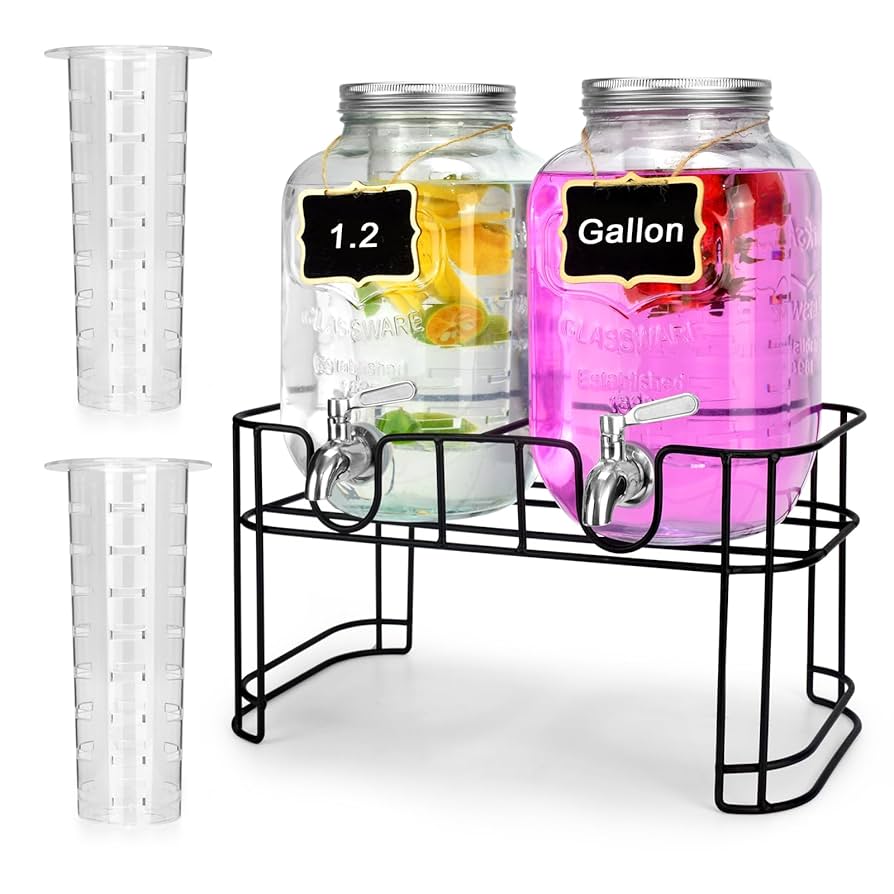 DD&HAPP Glass Drink Dispensers For Parties. 1.2 Gallon Beverage Dispenser With Stand And Stainless Steel Spigot .Lemonade Dispenser With Ice Cylinder.Mason Jars,Laundry Detergent Dispenser.
