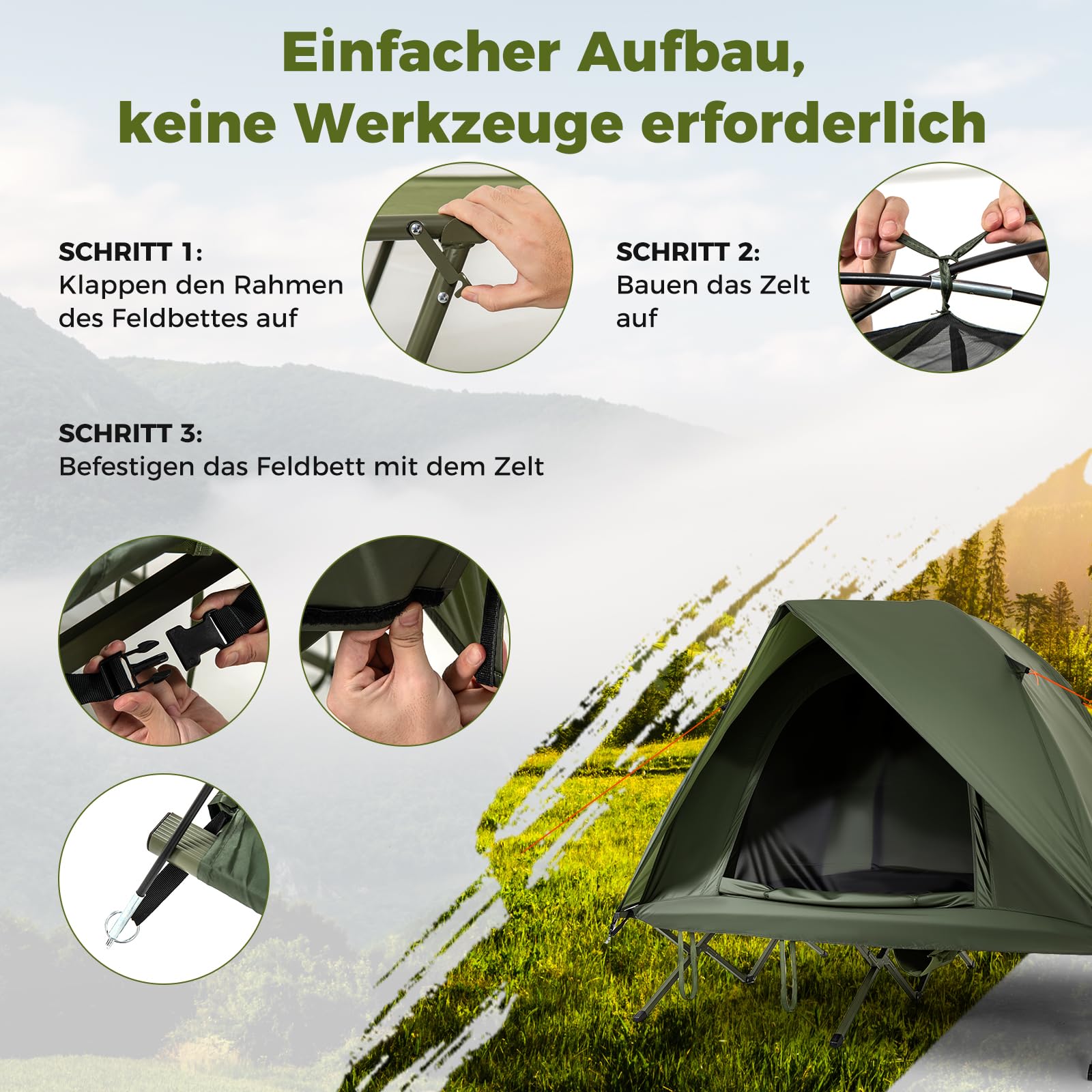 COSTWAY Feldbett mit Zelt für 2 Personen, Campingbett mit Regenschutz, 2 Netztüren, Dachfenster & Rolltasche, Campingliege, 300 kg Tragkraft, 194 x 145 x 150 cm