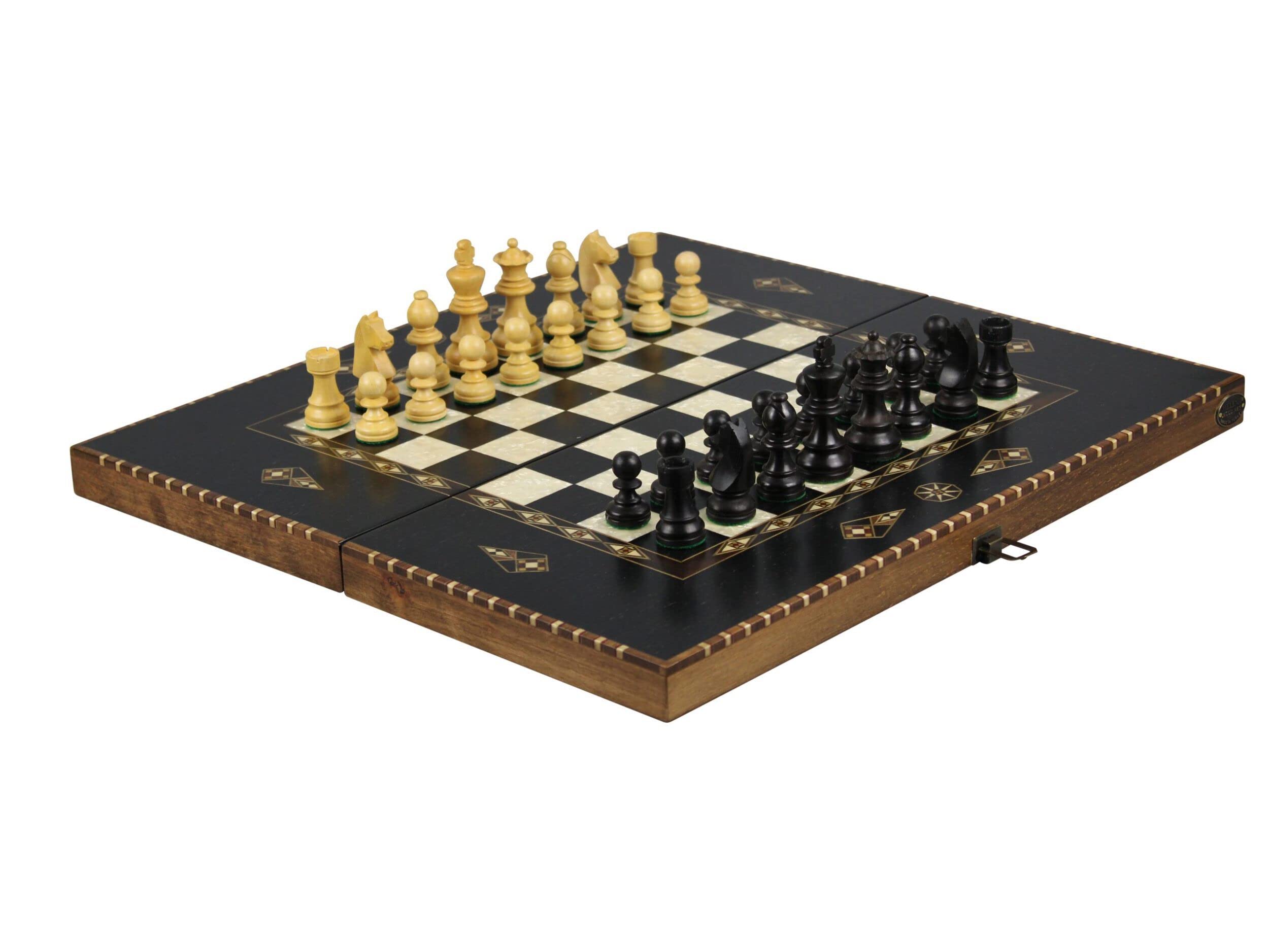 Grande set di scacchi e backgammon in legno Helena in ebano rurale con pezzi di scacchi Staunton tedeschi ebanizzati 50,8 cm