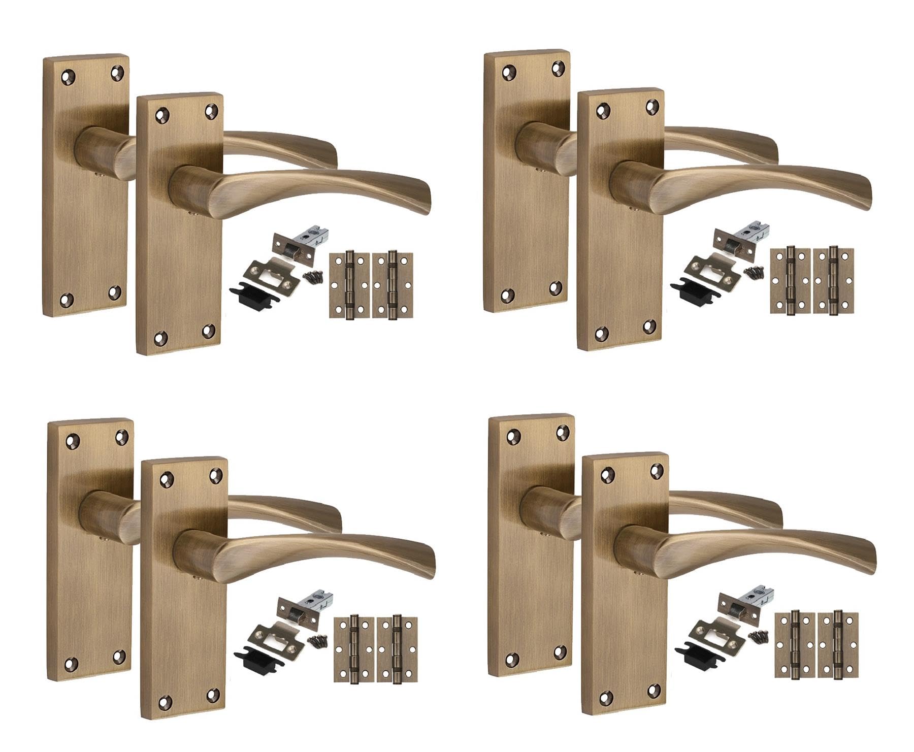 Golden Grace Antique Brass 4 Pair Victorian Astrid Internal Door Handle Sets 120 X 40Mm With 2.5" Latch & Hinges