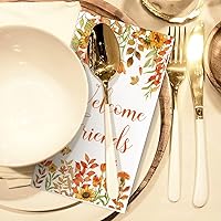 Vista 7 de Quera 100 servilletas de papel desechables con hojas de otoño con texto en inglés "Welcome Friends", servilletas de papel desechables para Acción
