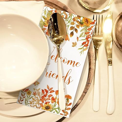 Miniatura 7 de Quera 100 servilletas de papel desechables con hojas de otoño con texto en inglés "Welcome Friends", servilletas de papel desechables para Acción de