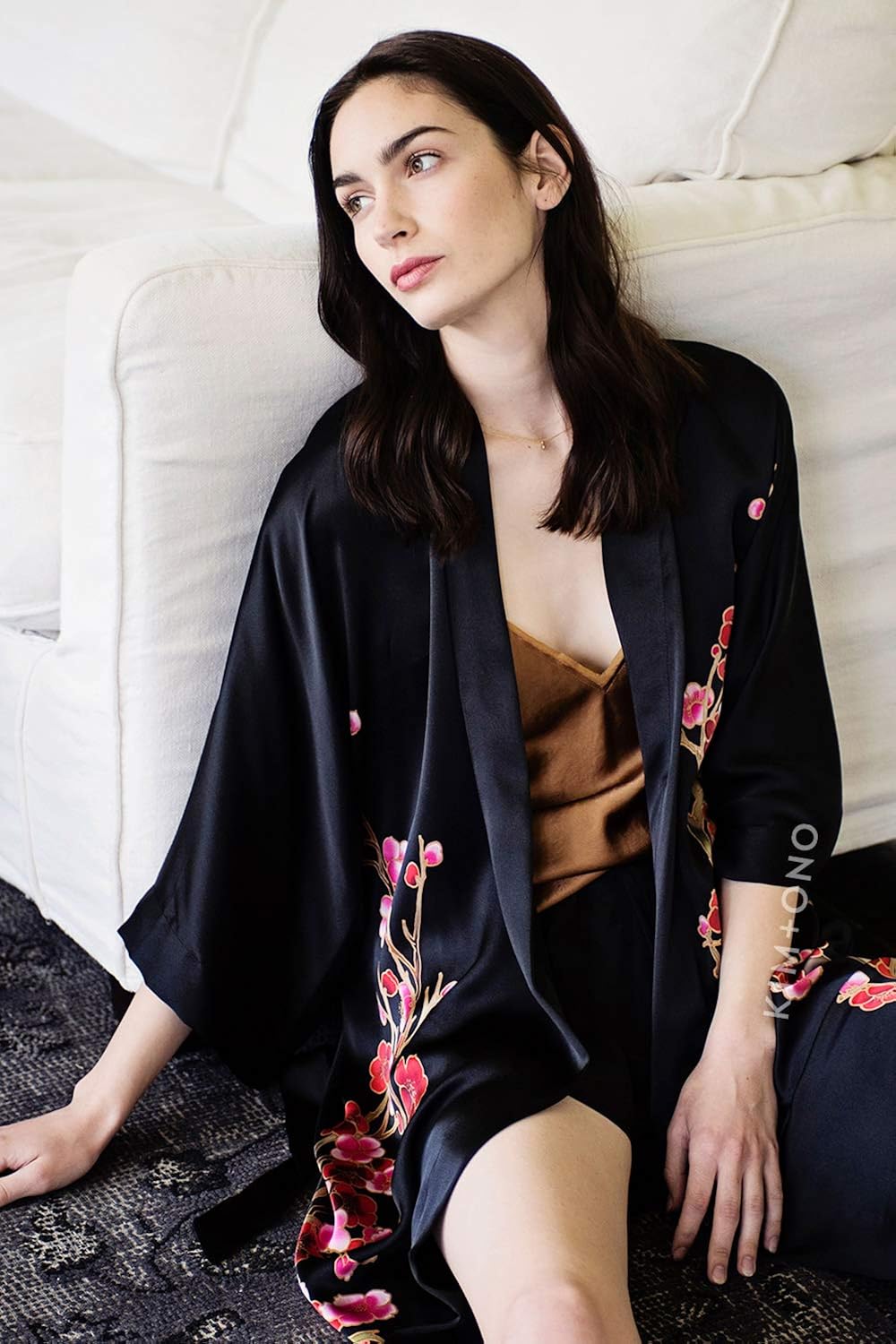 Old Shanghai Women's Silk Kimono Short Robe - Handpainted, Cherry Blossom Black, One Size.