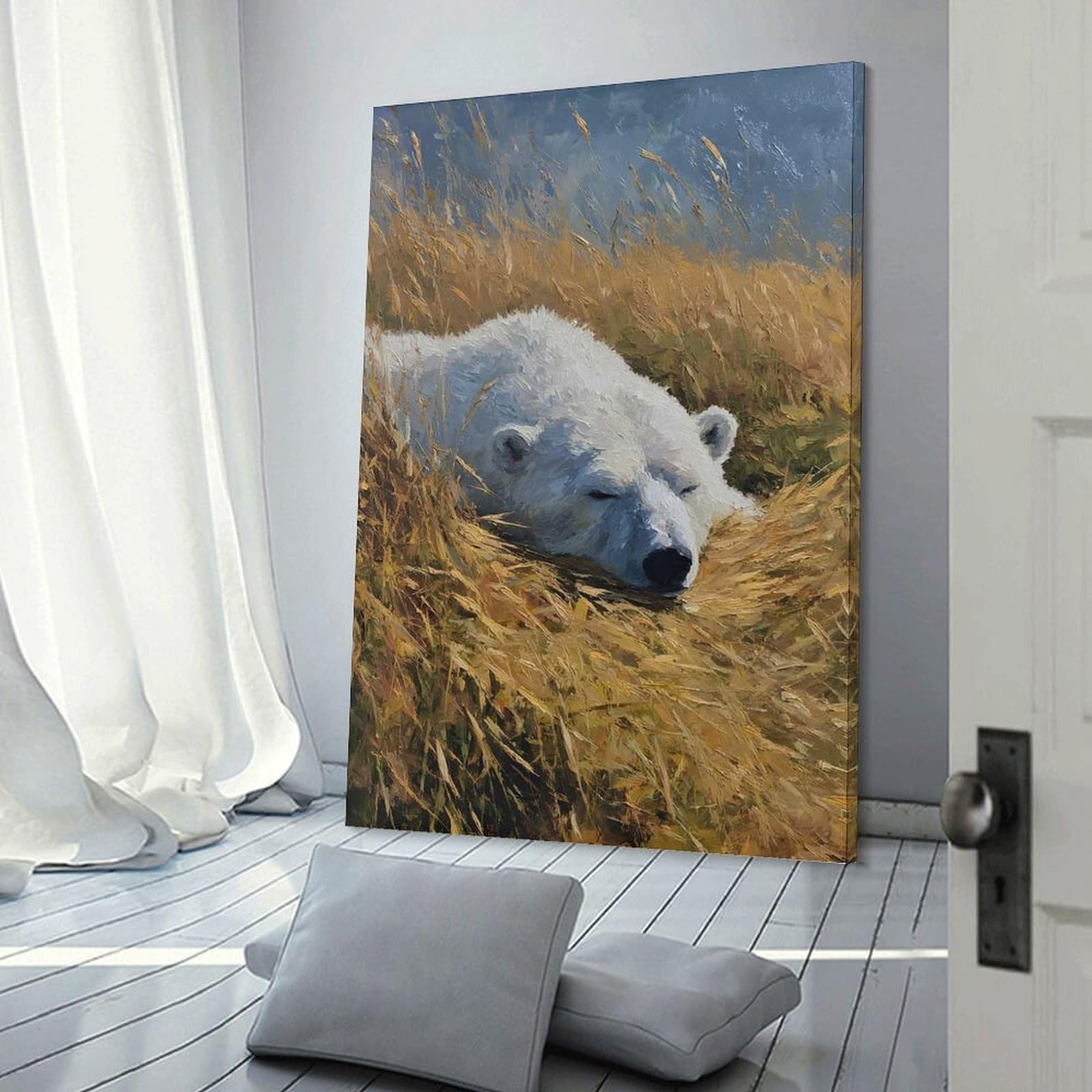Junmoney Wall Decor Canvas Print Polar Bear Sleeping in Tall Grass, 08x12inch(20x30cm), for Study, Office Or Apartment Decor, Canvas Artwork with Gifting Potential