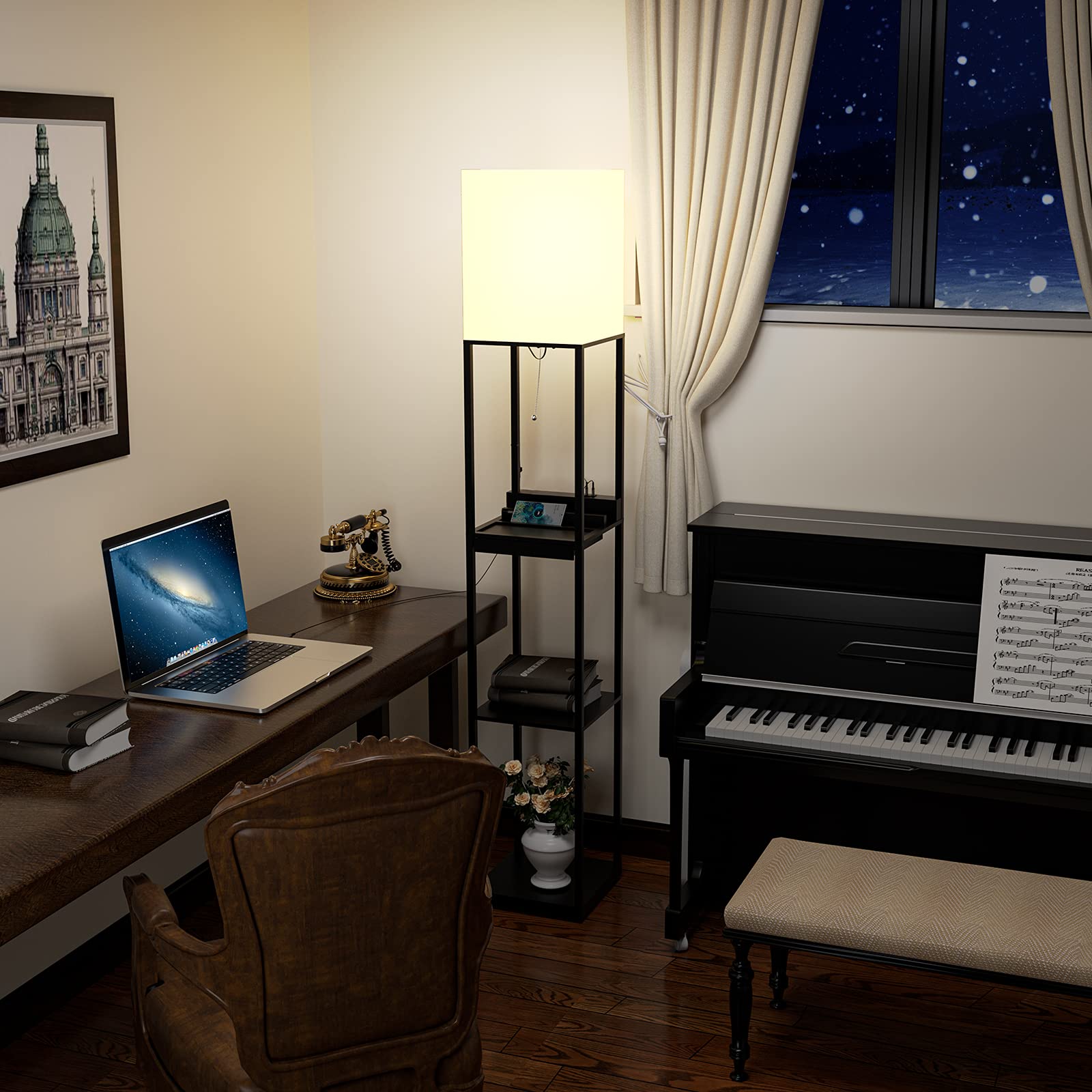 SUNMORY Stehlampe Wohnzimmer, Stehlampe mit Regal aus Massivholz, 3 Farbtemperaturen, 2 USB-Ladeanschlüsse und 1 Schublade, Stehlampen für Wohnzimmer, Schlafzimmer, Stehlampe Schwarz（Mit Glühbirne）
