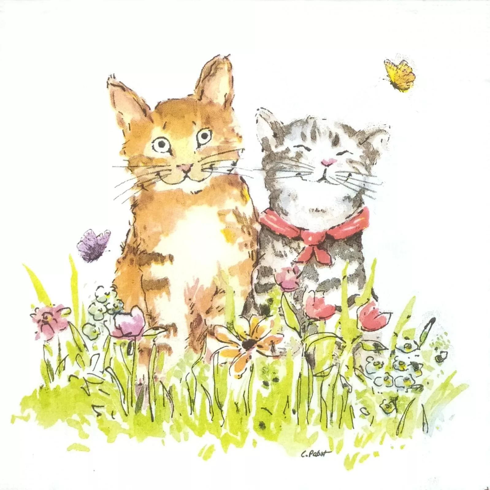 Set of 2 Individual Decoupage Paper Party Napkin Happy Kittens Cats Watercolor Decor Luncheon Napkins for a Birthday Holiday, Wedding, Cocktail Party