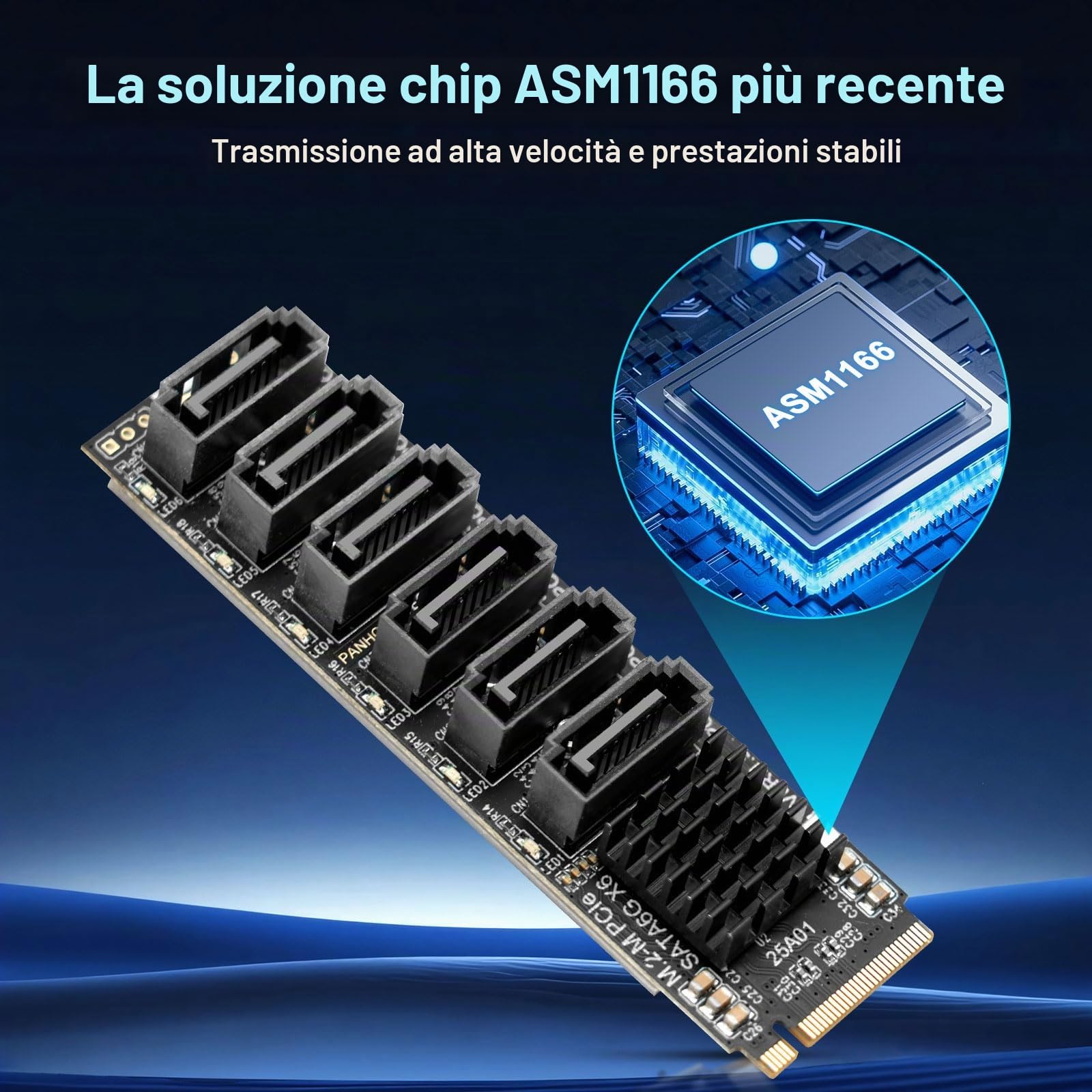 Scheda Exaio da M.2 a SATA3.0, controller PCIe SATA 3.0 a 6 porte per chip ASM1166, scheda adattatore PCIE3.0 X2 16G, supporto SATA3.0 6G X 6, dispositivo SATA 6