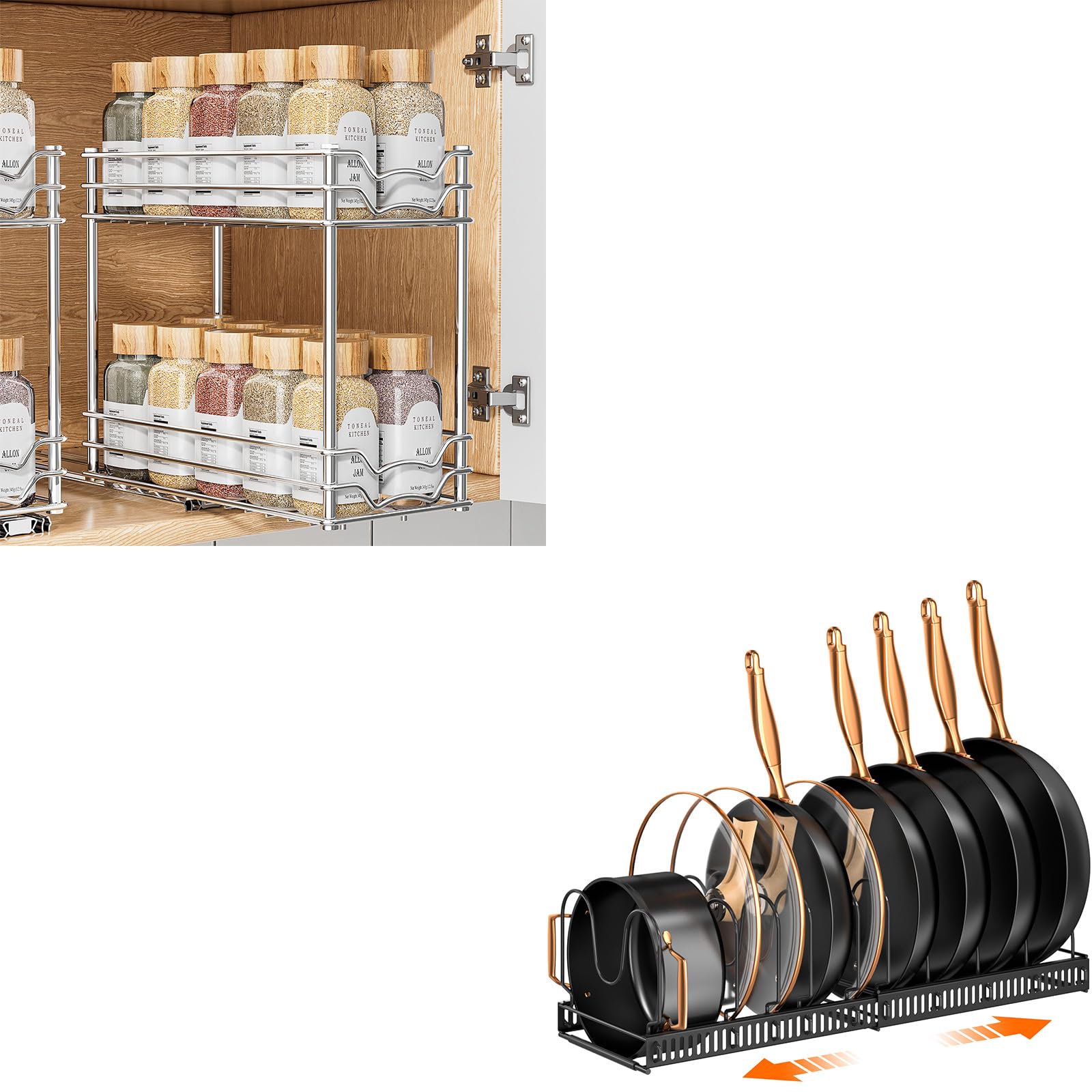 MUDEELA Expandable Pot Lid Kitchen Cabinet Organizer Holder with 10 Adjustable Compartment and Easy to Install Seasoning Organizer Bundle