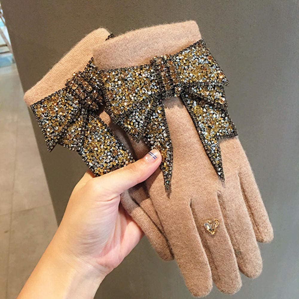 Womens Winter Warm Gloves Touch Screen Women’S Winter Gloves Bingbing Diamond Bowknot Elegant Gloves Female Mittens Cashmere Warm Gloves (B)