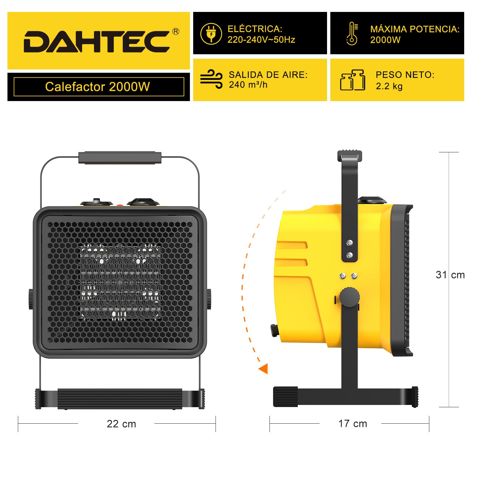 Calefactor Cerámico 2000 W, Eléctrico, 30°, Hasta 20 m²