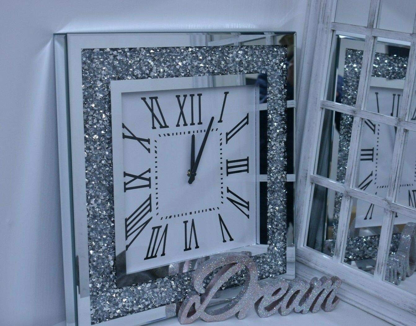 Deenz Silver Ex Large 60Cm Square Crushed Jewel Mirror Wall Clock Black Hands Roman Diamante Black Hands Eye Catching Home Décor