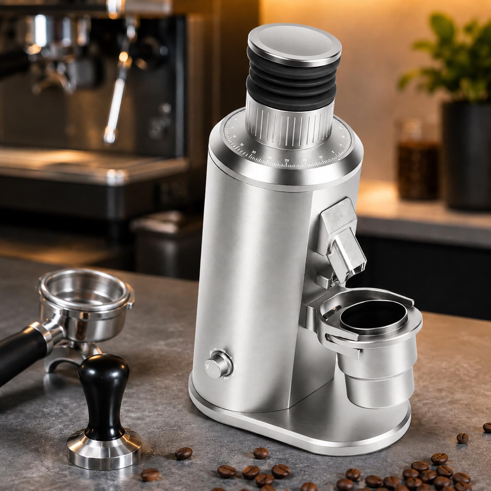 vnmudzeo Flat Burr Espresso Coffee Grinder - 80mm Stainless Steel Burrs, Stepless Coffee Grind Adjustment, 70g Bean Hopper and Magnetic Grounds Chute Silver