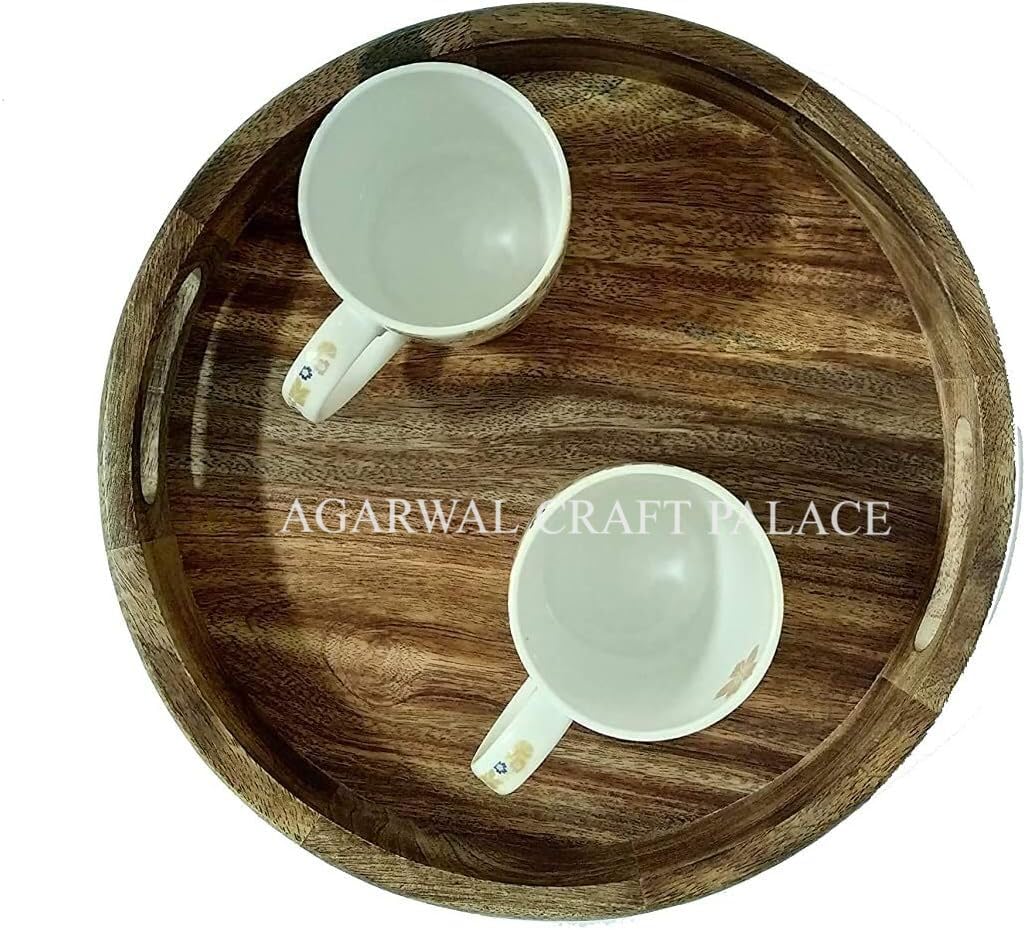 Agarwal Craft Palace Wooden Round Tray, Mango Wood Tray, Serving Tray, Table Decorative, Wooden Platter for Serving Beverages & Food on Bar, Living Room, Home Dining Table with Cutout Handle (10X10) 4