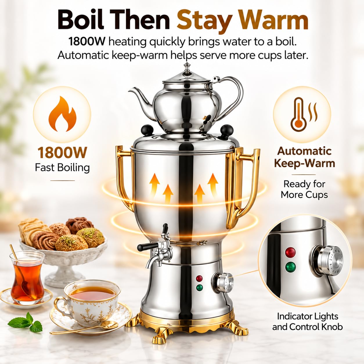 Samovar eléctrico, 4L + 1L, 1800W, mantenimiento automático del calor