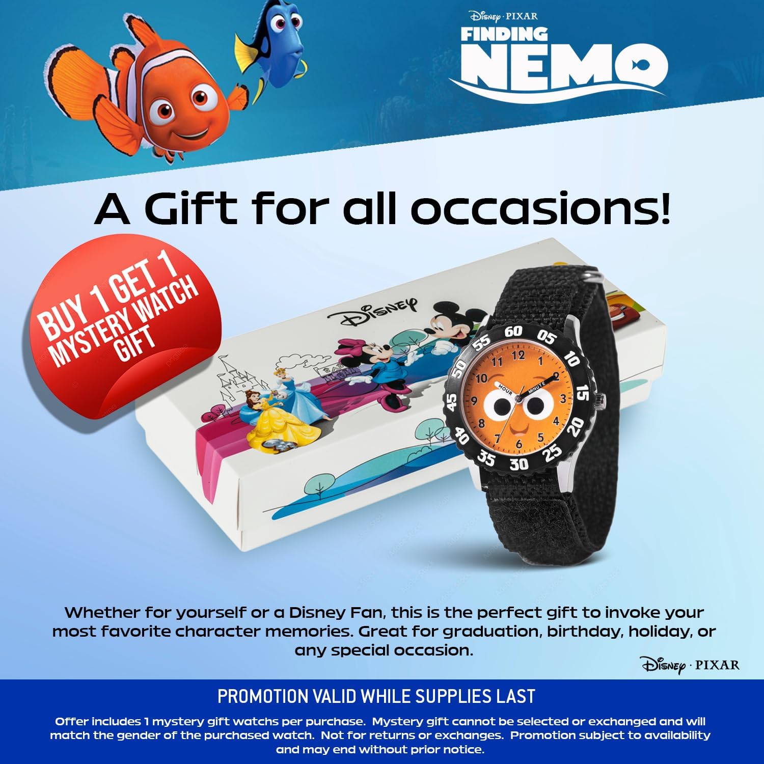 Disney Pixar Finding Nemo Watch for Kids Ages 3–7 – Featuring Nemo Character Dial – Great Gift for Boys – Easy-Read Face, Black Bezel, and Black Nylon Strap – Buy and GET 1 Free Mystery Watch