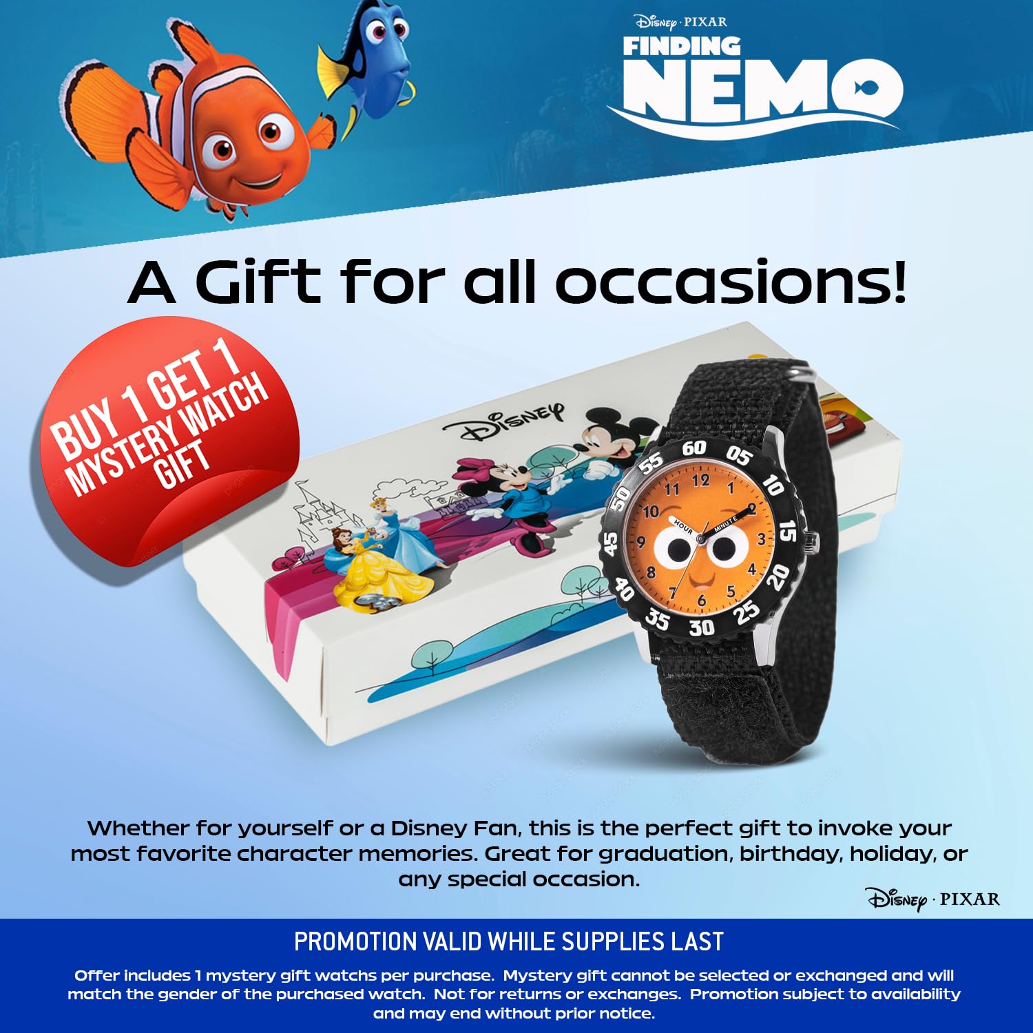 Disney Pixar Finding Nemo Orologio per bambini dai 3 ai 7 anni - con quadrante con personaggi Nemo - Ottimo regalo per ragazzi - Quadrante di facile lettura, lunetta nera e cinturino in nylon nero