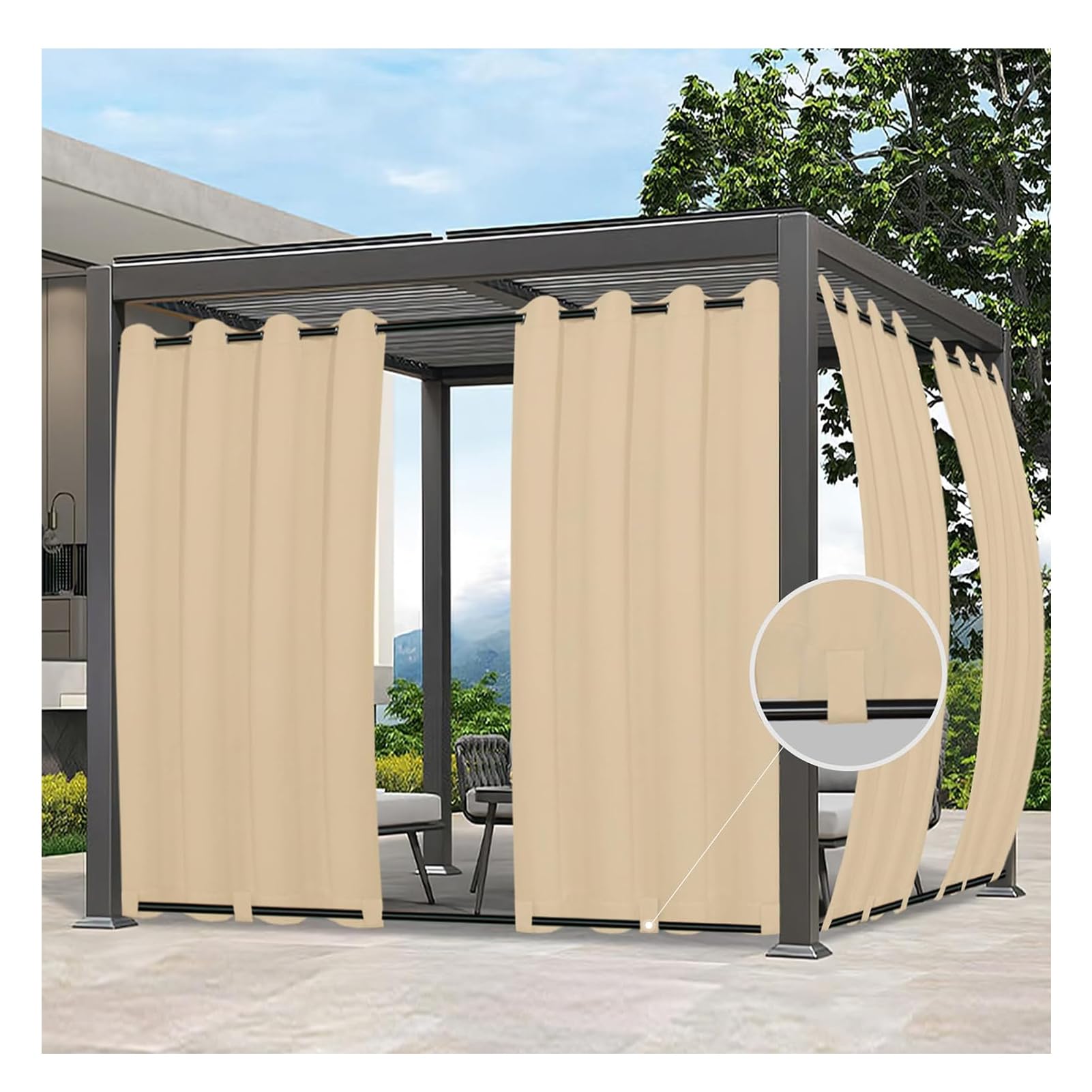 Mewkew Waterproof Outdoor Curtains Gazebo Patio Sunscreen Blackout Panels Curtains Windproof Thermal Insulated Grommet Curtains for Porch Pergola Cabana,Beige,2 PCS,284 x 253 cm（W x H）