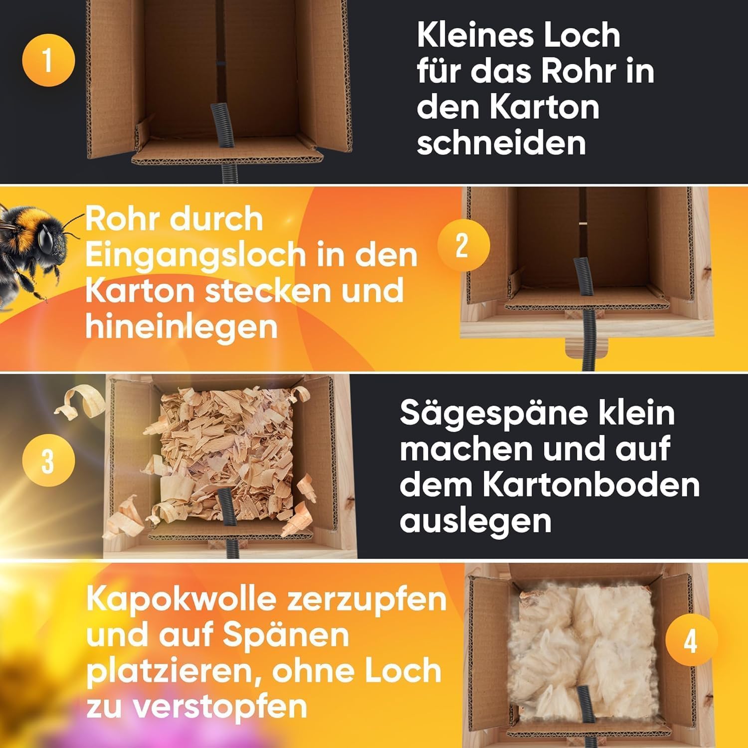 Hummelhaus groß inkl. Wachsmottensperre & Nistmaterial I Kapok, Nistkarton, Holzspäne I Hummelhotel Massivholz verschraubt I Hummelkasten mit Zubehör (mit Vorbau und Wachsmottensperre)