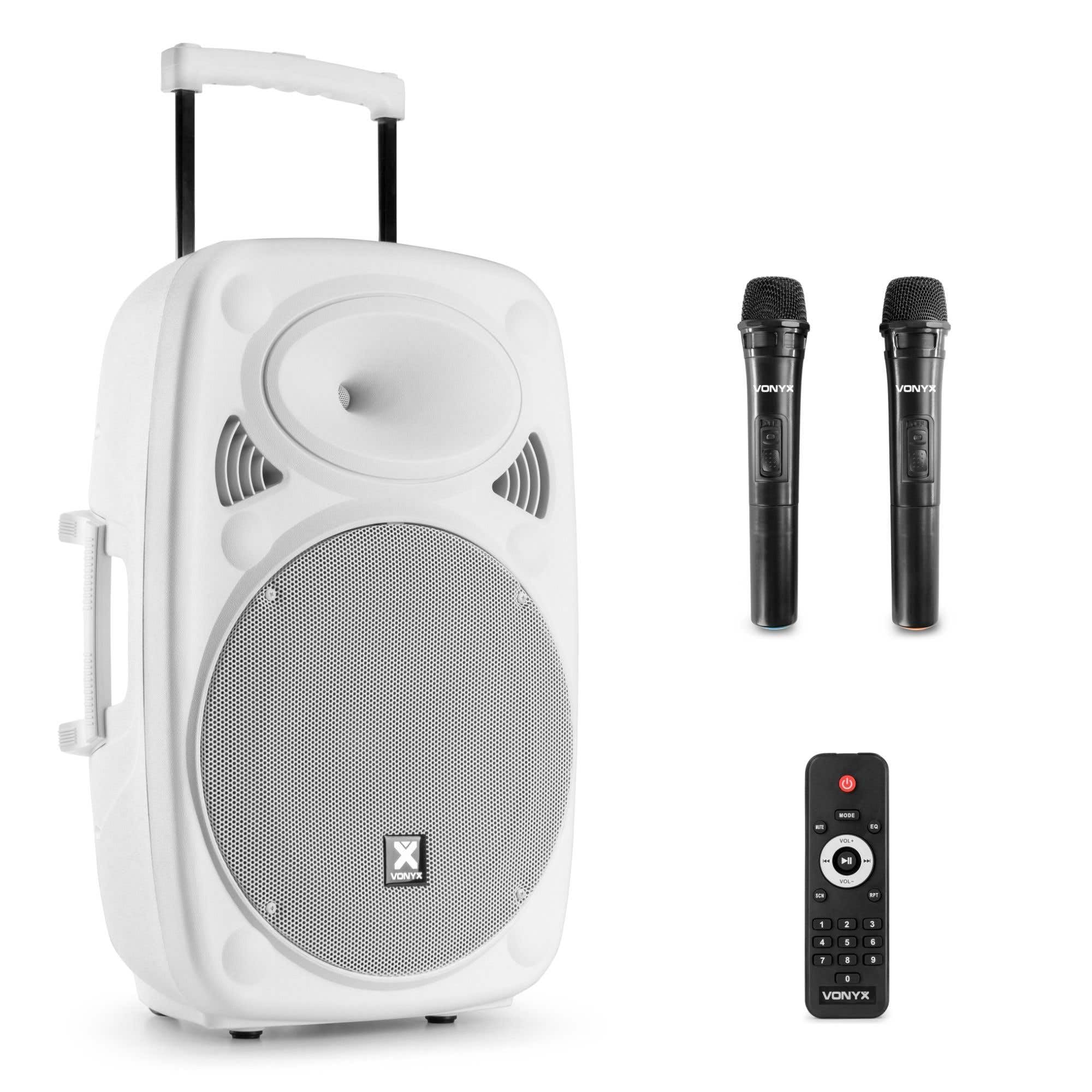 Vonyx Verve46W 15-Inch Portable PA Speaker with Wireless Microphones, 1000W Battery Powered Sound System and Speaker with Microphone for Events, Parties - White
