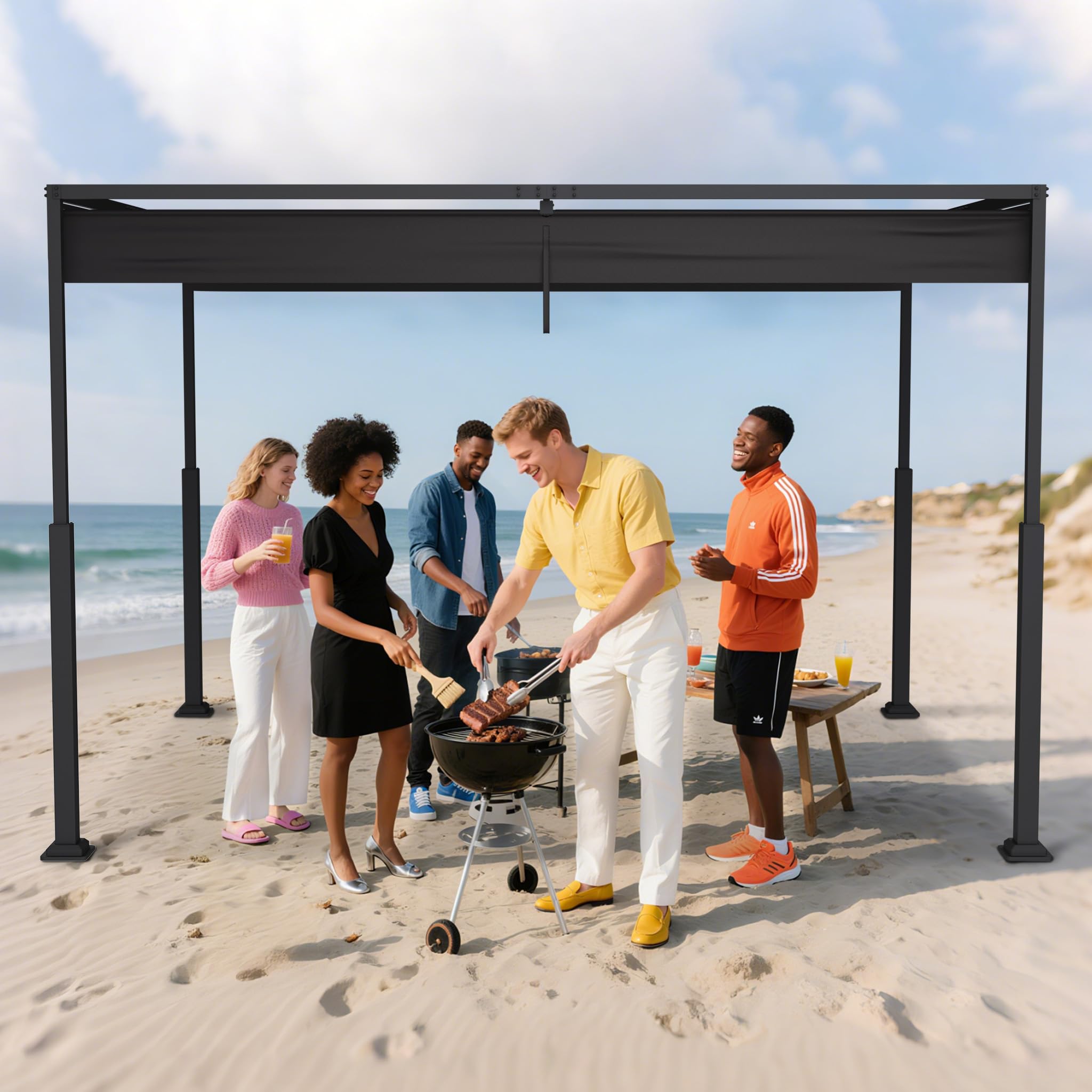 LZQ Pergola tonnelle 3 x 4 m avec cadre en acier robuste et toit polyester revêtu PA réglable, protection solaire anti-intempéries pour jardin et terrasse (noir)