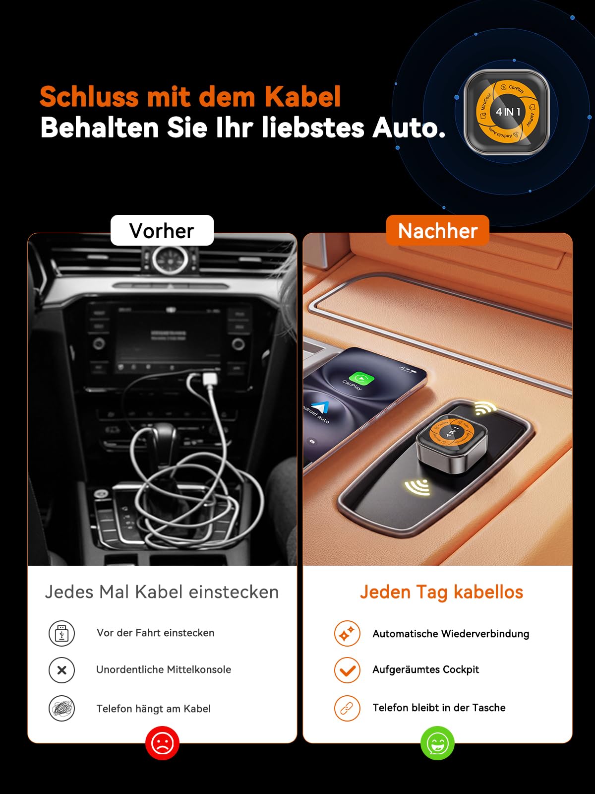 4-in-1 Wireless CarPlay Adapter für Apple CarPlay & Android Auto, AirPlay & MirrorLink Bildschirmspiegelung, Wired zu Wireless Car Play Adapter, 5.8GHz WiFi Bluetooth 5.4, Plug & Play, USB-A/C，Orange