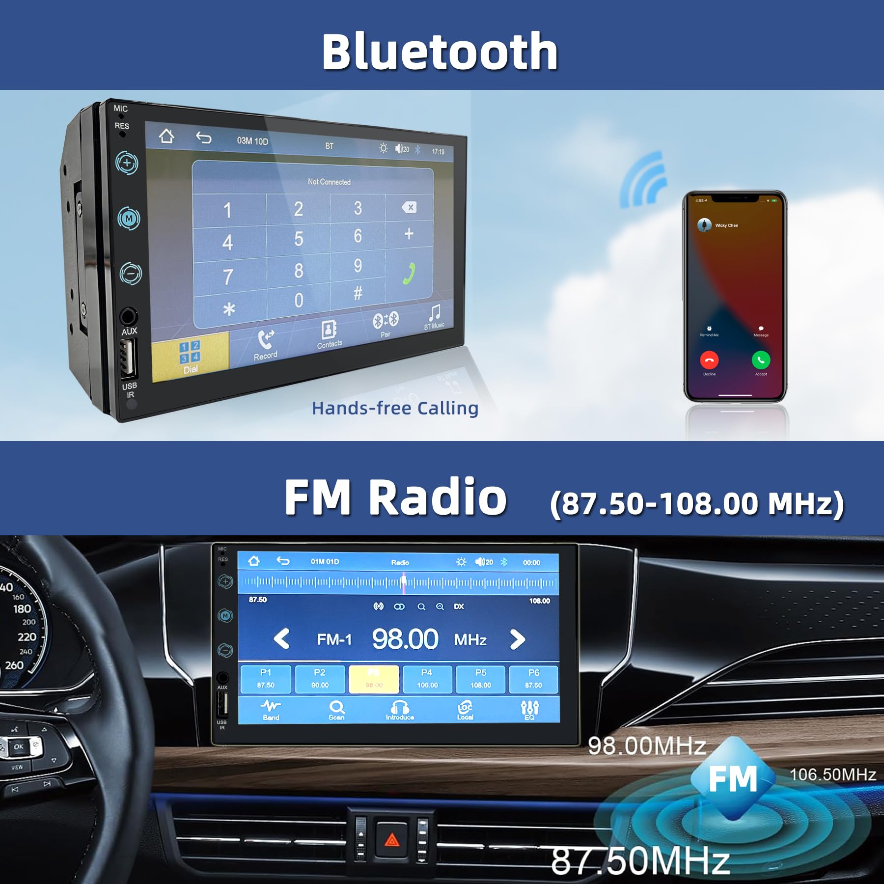 Radio Coche 2 DIN con Carplay y Android Auto por Cable - Pantalla Táctil de 7 Pulgadas con Cámara Trasera, Mirror Link, USB/AUX/FM, Apto para Vehículos de 12V