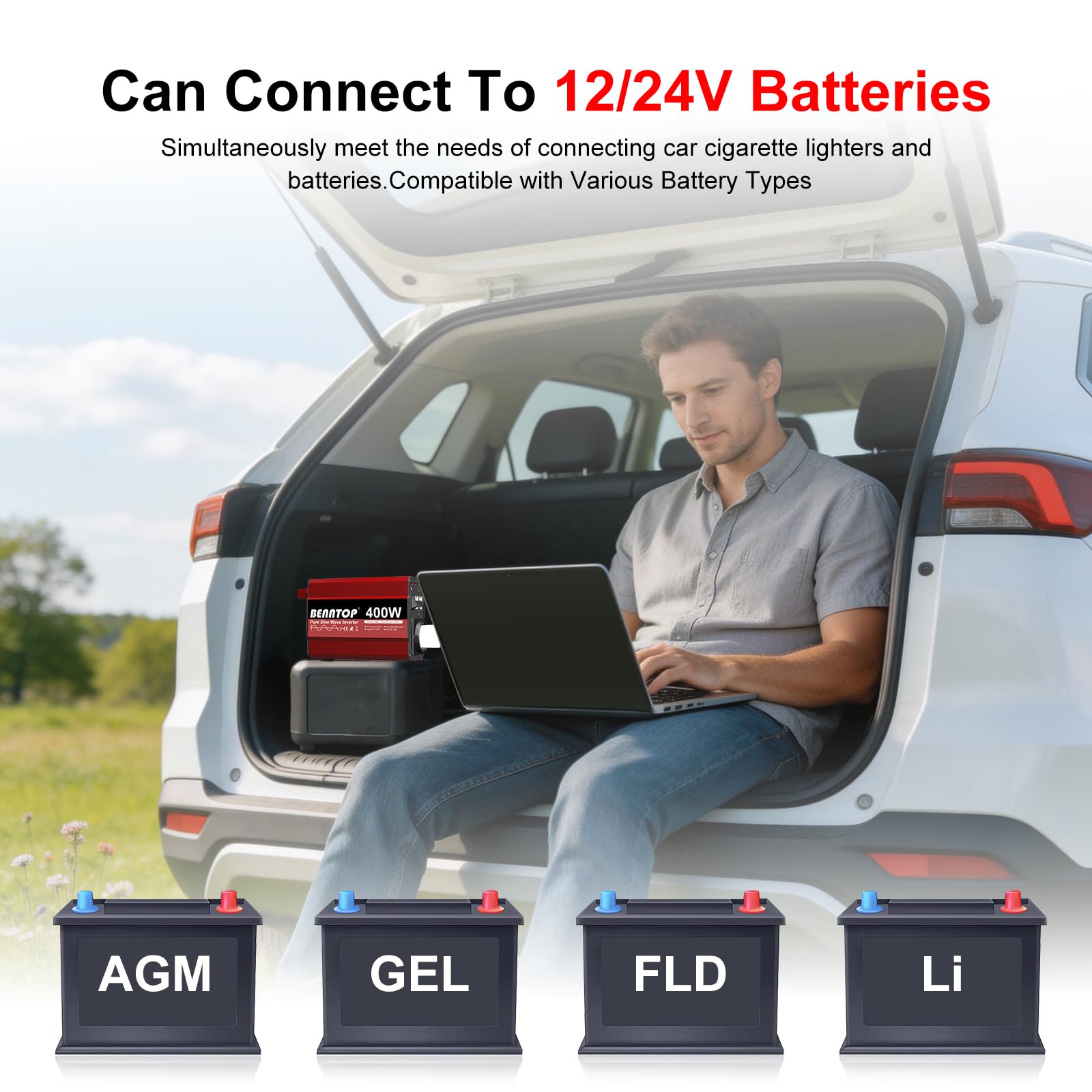 400/800W Inverter Auto Onda Pura DC 12/24V a AC 220 V 230 V | Convertitore di Tensione con 4 Ports USB（typeA/C), 1 Prises EU & Prise Allume Cigare per Camping & Camper