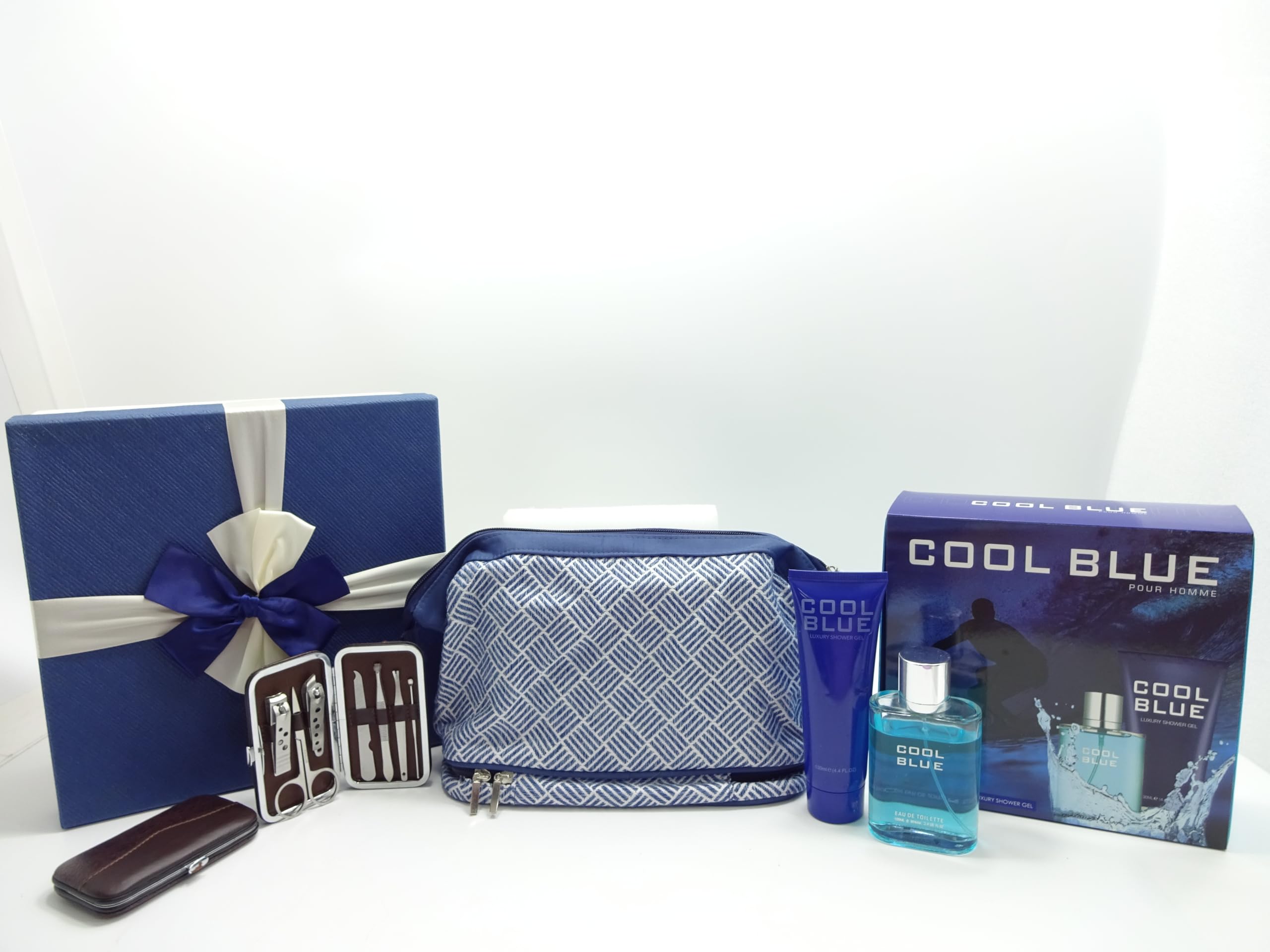 Cool Blue 2 szt. Zestaw upominkowy perfum 100 ml EDT i 130 ml luksusowy żel pod prysznic, zestaw do manicure + kosmetyczka, opakowanie prezentowe kosz na prezent dla niego
