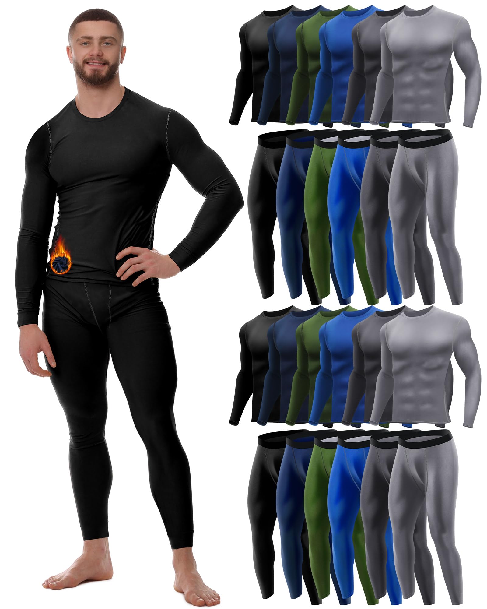 Hicarer Herren-Thermounterwäsche, Fleece-gefüttert, Jagdausrüstung, Unterteil, Oberteil, 12-teilig