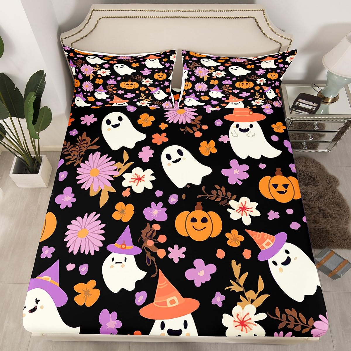 Halloween Ghosts Fitted Sheet Full Size Pumpkin Bedding Set for Kids Teens Adults Botanical Floral Printed Bed Sheet