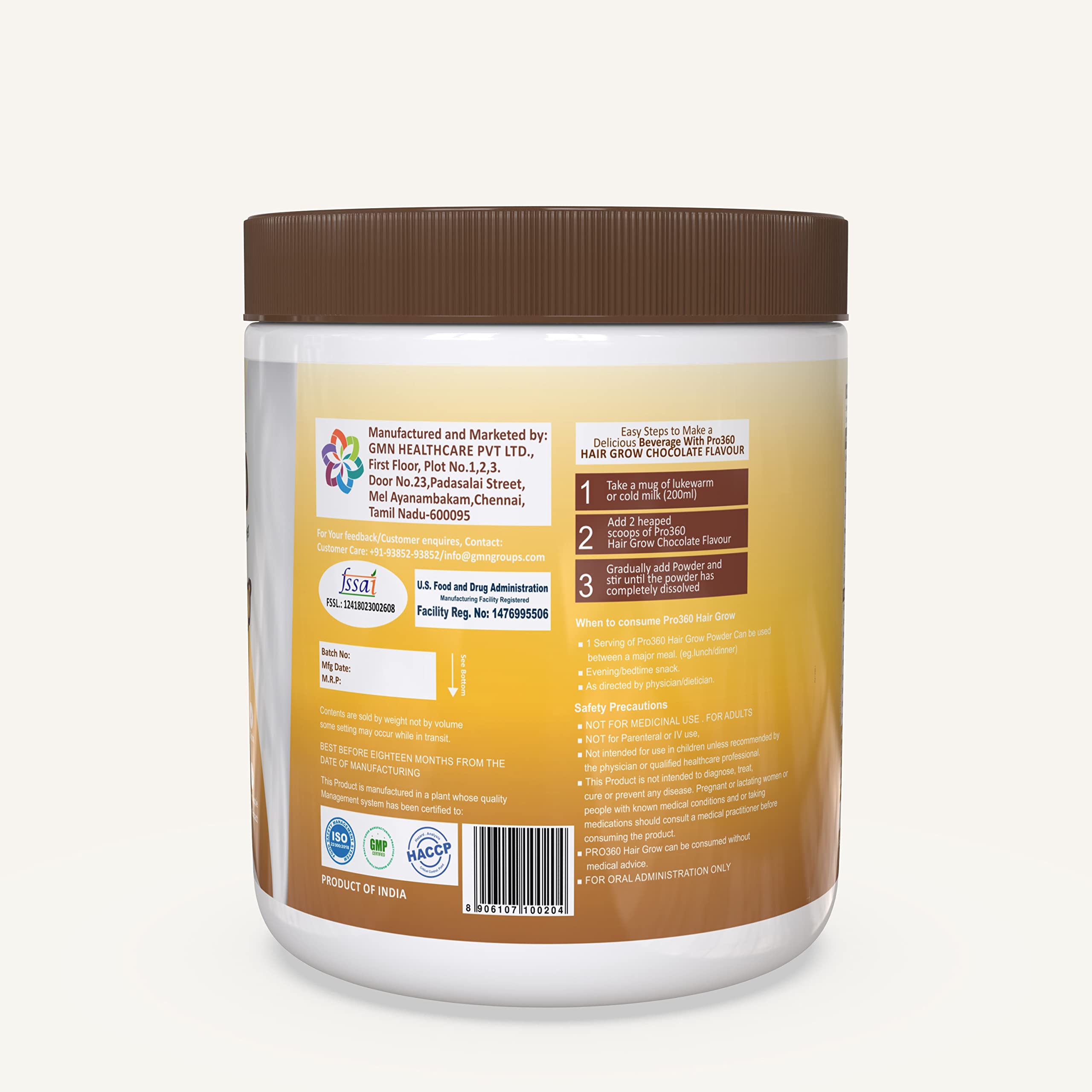 Pro360 Hair Grow Nutritional Protein Supplement Powder for Healthy Hair, Glowing Skin & Nails - Enriched with Biotin and Green Apple Skin Extract for Men & Women - Chocolate Flavor 250g (Pack of 1) 1